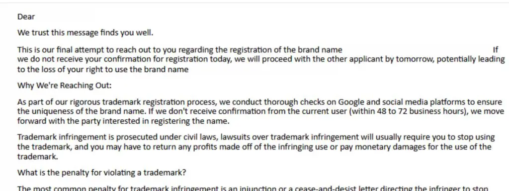 Trademark Echo Scam Email Copy